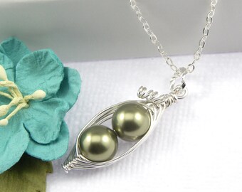 Two Peas in a Pod Necklace, 2 Green Peas in a Pod Necklace, Pea Pod Jewellery