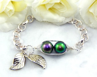 Two Peas In A Pod Silver Bracelet,Choose Your Pearl Colors