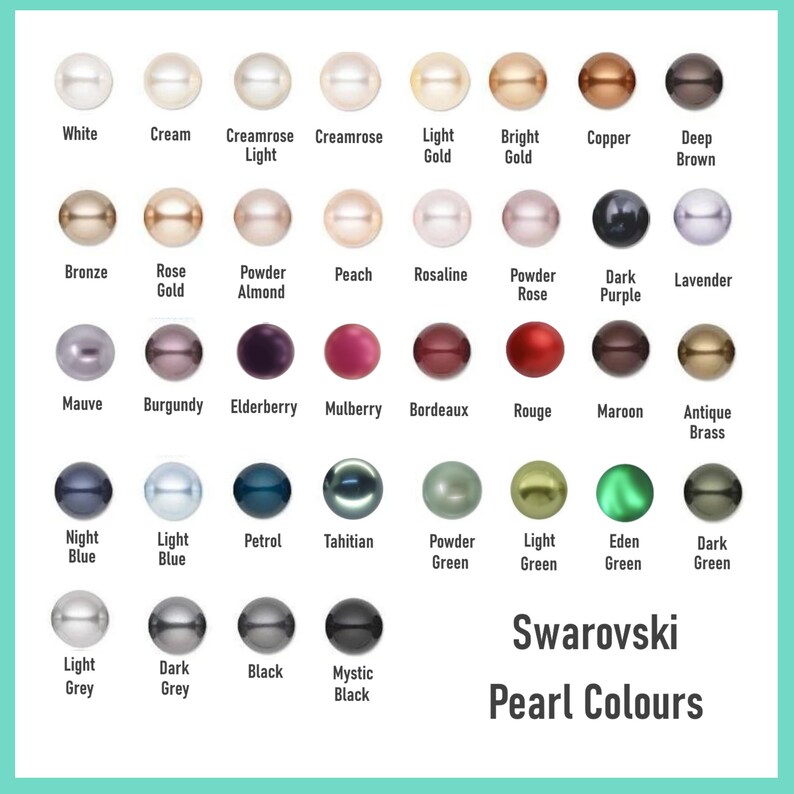 May include: A color chart displaying Swarovski pearl colors. The chart features a grid of pearl beads in various colors, including white, cream, gold, and black. Text at the bottom reads "Swarovski Pearl Colours."