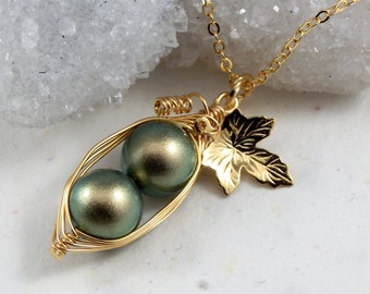 2 Peas In A Pod  Necklace. Iridescent Green - New Color -  For  Mothers, Sisters, BFF, Bridesmaids - Choose Your Color Pearl And Metal.