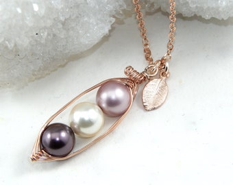 Peapod Necklace,Rose Gold Peapod Personalized Peas In A Pod Pendant,Birthstone Necklace,Grandma Necklace,Mother Gift