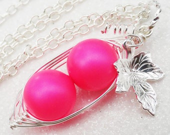 Two Peas In A Pod Neon Pink Pendant Necklace - Retro Style