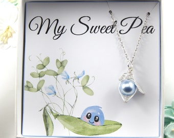 Sweet Pea in a Pod Necklace,Blue Sweet Pea in a Pod Necklace,Baby Boy Sweet Pea Necklace,New Mum of Baby Boy Gift,Baby Shower Gift