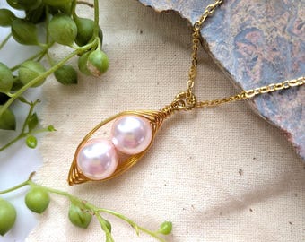 Two Peas In A Pod Pendant Necklace Pink Swarovski Pearl Two Special Girls. Brides, Bridesmaids, Best Friend, Sister, Family Or Mother