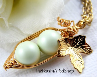 Two Peas In A Pod Gold Necklace,Peas in a Pod Necklace, ,Pastel Green Peapod, mothers necklace, sisters necklace,Choose Your Color Pearls