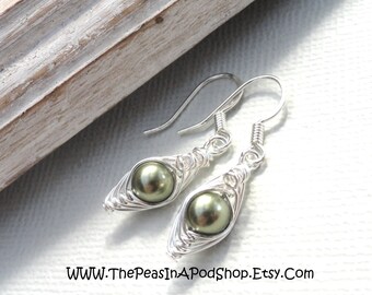 Peas in a pod, Peapod earrings, one pea in a pod earrings, silver earrings, green peas in a pod earrings