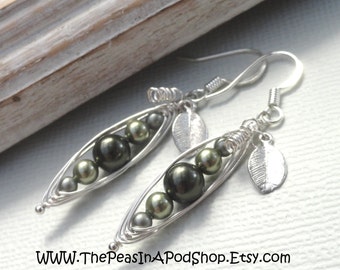 five peas in a pod earrings,Peas in a pod, Pea pod earrings,silver earrings, petite earrings,green pea pod earrings,Choose Your Color Pearls