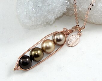 Four Peas In A Pod Necklace,Rose Gold Peapod Necklace,Personalized Peapod Necklace,Birthstone Peapod,Custom Birthstone Pea Pod Necklace
