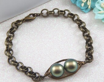 Two Peas In A Pod Antique Brass Bracelet, Iridescent Dark Green - Choose Your Color Pearl