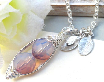 Personalized Swarovski Crystal Peas In A Pod Necklace - White Opal Antique Pink   Gold or Silver -  Choose Your Initials -  LIMITED EDITION