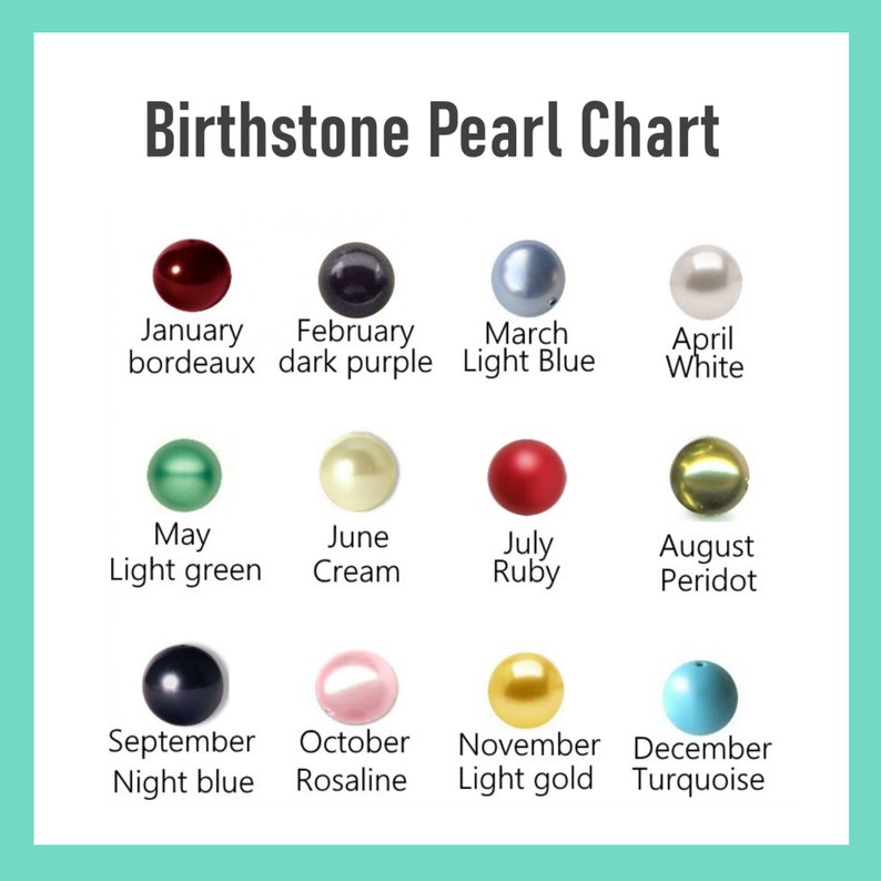 May include: A chart displaying birthstone colors with corresponding months. Each month is represented by a colored pearl and its name. Colors include bordeaux, dark purple, light blue, white, light green, cream, ruby, peridot, night blue, rosaline, light gold, and turquoise.