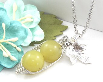 Peas in a Pod Necklace,Two Peas in a Pod Necklace,Gemstone Two Peas in a Pod Necklace,Yellow Jade Pea Pod Necklace,Sisters Necklace