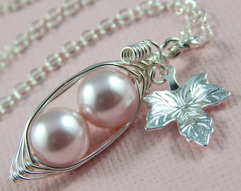 Two peas in a pod necklace,Peas In A Pod Necklace,Pink Peas In A Pod,Mothers Necklace,Twin Girls,Sisters,Choose Your Colour Pearls