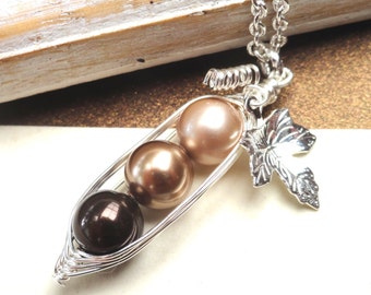 Three Peas in a Pod Necklace, 3 Peas in a Pod Necklace, Friendship Necklace, Sisters Necklace,Brown Pearl Shades, Family Jewelry