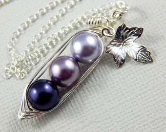 Three Peas in a Pod Necklace,3 Peas in a Pod Purple Shades Necklace,Birthstone Pea Pod Necklace,Peas in a Pod Necklace