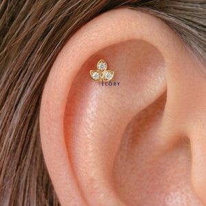14Kゴールドリーフペタルダイヤモンドヘリックスピアス、ラウンドラボダイヤモンドトラガスピアス、軟骨ミニマリストピアス、女性向けミニピアスジュエリー