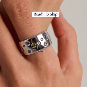 Rainbow CZ Diamond Stainless Steel Dome Band, Statement Band For Mothers Day Gift, Ready To Ship