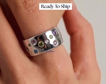 Rainbow CZ Diamond Stainless Steel Dome Band, Statement Band For Mothers Day Gift, Ready To Ship