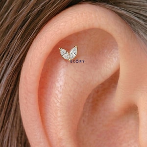 Marquise Lab Grown Diamond Leaf Helix Piercing, Dainty Diamond Cartilage Earrings, Threaded Flatback Studs, Tragus Piercing Jewelry Gift