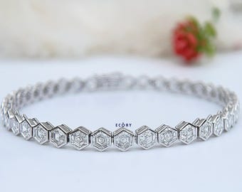 10 TCW Hexagon Lab Zuchtdiamant Tennis Armband / 14K Weißgold Lünetten Set Armband / feiner Schmuck Geschenk für sie