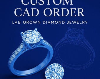 May include: A blue-toned image showcasing a custom CAD order for lab-grown diamond jewelry. The design features a diamond ring with a large, round-cut center stone and smaller accent stones. A loose diamond and a CAD rendering of a ring are also displayed.