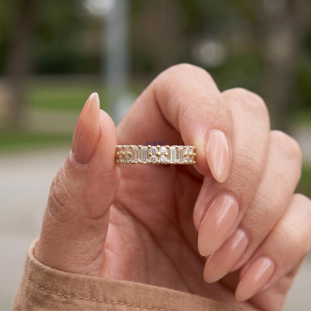 Baguette and Round Diamond Eternity Band, 14K Yellow Gold Lab Grown ...