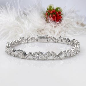 Multi Shape Lab Grown Diamond Tennis Bracelet, Mixed Cut Diamond Bracelet, 14K White Gold Classic Wedding Bracelet, Anniversary Gift