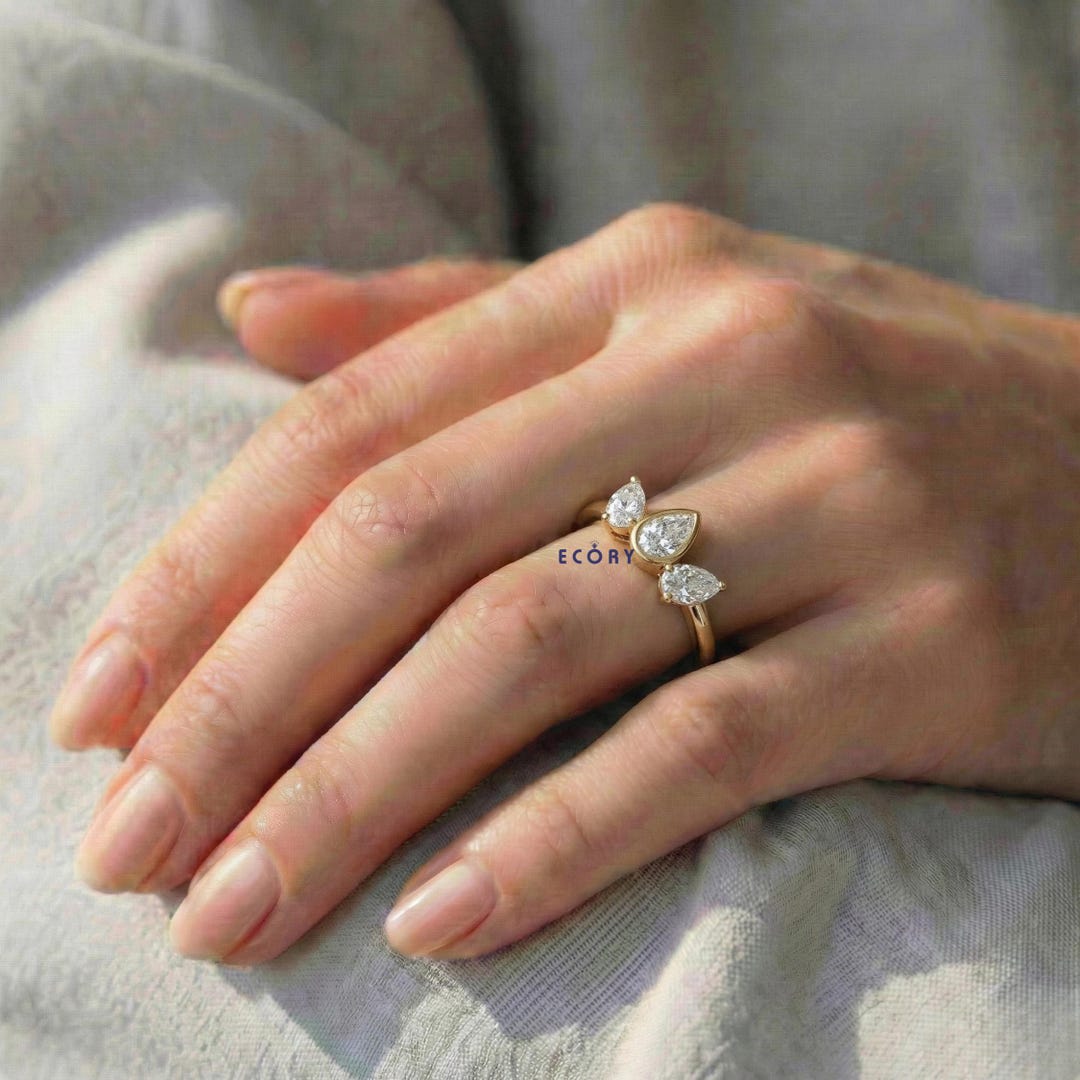 Pear Cut Lab Diamond Three Stone Engagement Ring, 14K Solid Gold Bezel ...