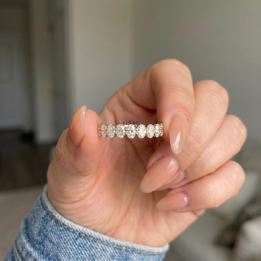 Oval Lab Grown Diamond Half Eternity Band, 14K Yellow Gold Wedding Ring ...