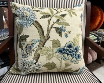 Blue and cream floral cushion cover