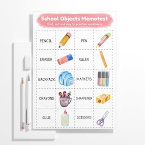 Printable School Objects Memory Game, Kids Vocabulary Flashcards, ESL Classroom Activity, Back to School Educational Game