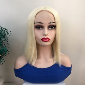 Short Bob Wig: Beige Synthetic Hair, 4x4 Mesh, 10 Inch