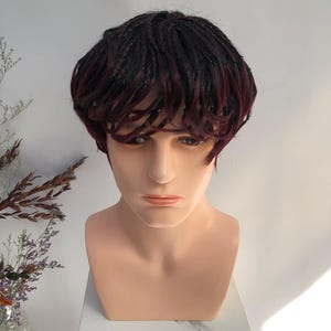 Short Layered Black Red Synthetic Wig, Soft Curly Braided Detail Wig with bang