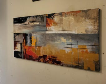 Large Abstract Canvas Painting: Gold & Rust Orange Textured Wall Art (20x40)