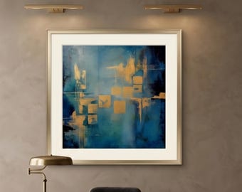 Abstract Blue and Gold Canvas Painting: Textured Coastal Wall Art, 24x24 Original Artwork