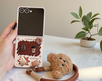 Cute Coffee Bear Case for Samsung Galaxy Z Flip 7 6 5 4 3 PU Leather Phone Cover with Wrist Strap Kawaii Z Flip Case