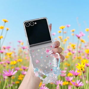 Clear Cute Flower Phone Case for Samsung Galaxy Z Flip 7 FE 6 5 | Kawaii Hard Cover with Chain Hinge Protection Flip7 Flip6