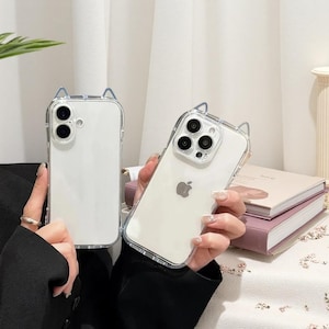 Clear 3D Cat Ear Case for iPhone 16 15 14 13 12 11 Pro Max – Cute Shockproof Soft TPU Animal Design Cover