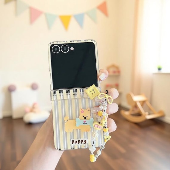 Clear Puppy Phone Case for Samsung Galaxy Z Flip 7 6 5 4 3 Cute Stripe Design Hard Cover with Hand Chain Kawaii Flip Case