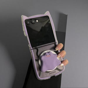 Purple Cat Ears Phone Case for Samsung Galaxy Z Flip 6 5 4 3 | Cute Kawaii Flip Cover with Holder Chain | Stylish ZFlip Case