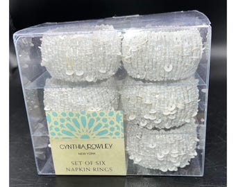 Cynthia Rowley New York Set Of Six White Beaded Napkin Rings In Clear Box Elegant