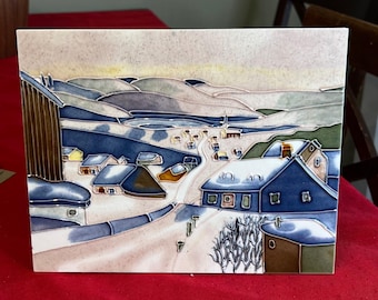 Ceramic Tile Art Winter Village Scene 8"x10" Vintage Decor With Stand