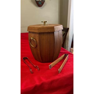 Vintage Japanese Mid-Century Modern Teak Ice Bucket Brass Handle Tongs Octagonal Lid Aluminum Liner
