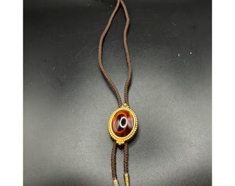 Vintage Brown Braided Bolo Tie Gold-Tone Oval Beaded Slider amber colored stone
