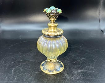 Vintage Glass Perfume Bottle Ornate Brass Cap Iridescent Finish Gem Accents READ