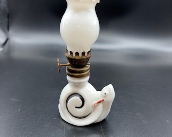White Ceramic Snail Miniature Oil Lamp Milk Glass Shade Brass Burner Collectible