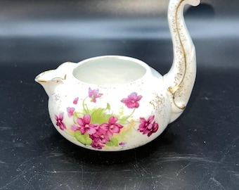 Antique Lefton China Hand-Painted Long handle Creamer Violet Floral Gold Accents