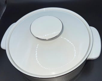 White Porcelain Round Casserole Dish With Lid Silver Trimmed Thomas Germany VTG