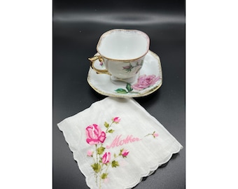 Royal Sealy China Cup Saucer z haftowaną chusteczką "Mother" w kolorze różowego złota VTG