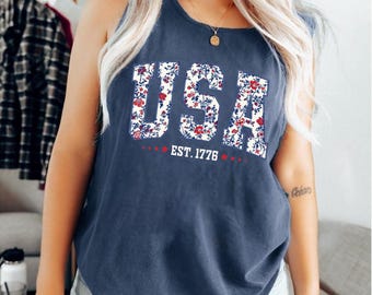 Floral USA Tank Top, American Girl Top, USA Est 1776 Shirt, Girly 4th of July Tank Top, Patriotic Women Shirt, Flower USA Tee